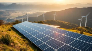 Solar panels covering hillside with wind turbines in background, morning sunlight illuminating renewable energy infrastructure amid natural landscape