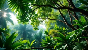 Lush tropical rainforest canopy with diverse plant life, sunlight filtering through leaves, showing vibrant green ecosystem with visible biodiversity layers from understory to canopy, photorealistic nature photography