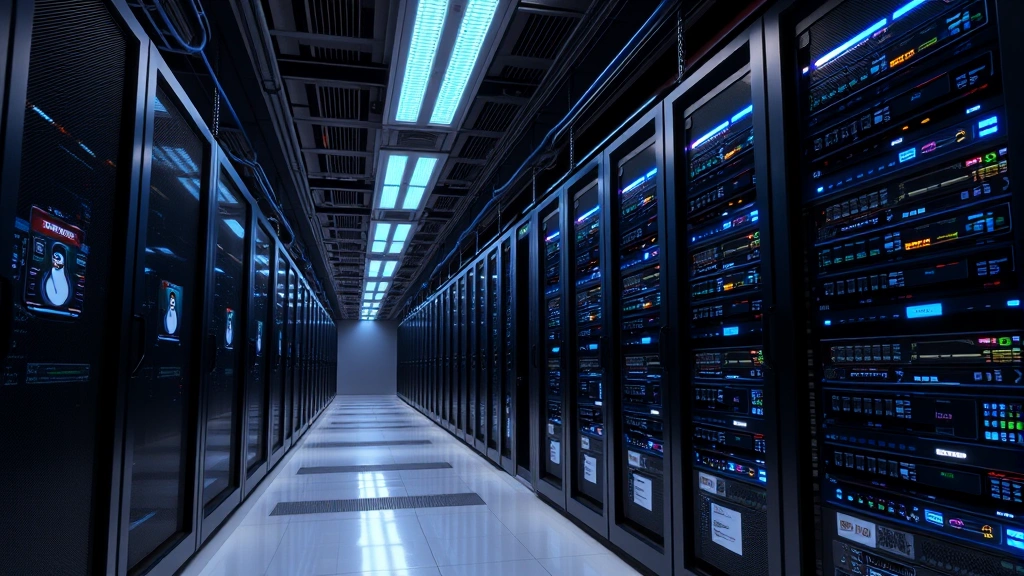 Modern server room with rows of computers running Linux systems, cool blue server lights, efficient cable management, professional data center environment, photorealistic, no labels