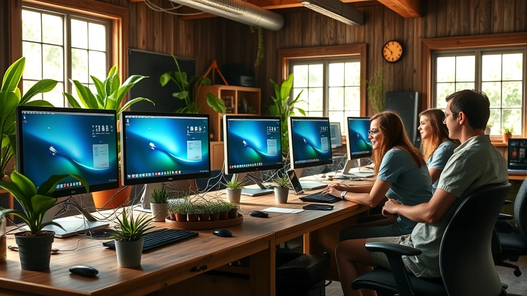Sustainable technology workspace showing refurbished computers with Linux desktop environment on screens, natural wooden desk, green plants, sunlight streaming through windows, diverse group of people working together, no visible text