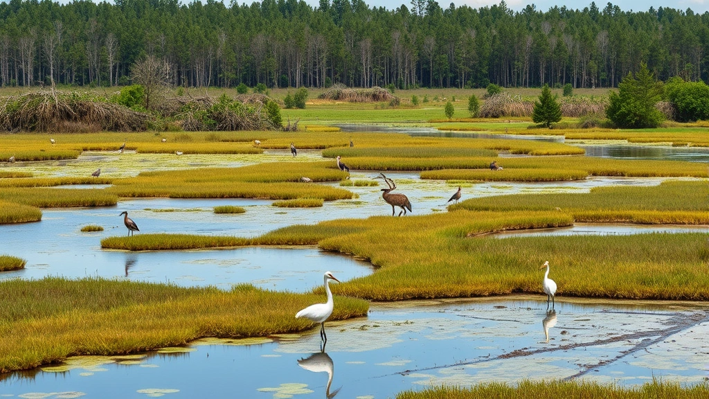 Diverse ecosystem landscape featuring wetland marshes with water, surrounding forest, birds and wildlife in natural habitat, demonstrating interconnected ecological services and biodiversity, professional nature documentary style imagery