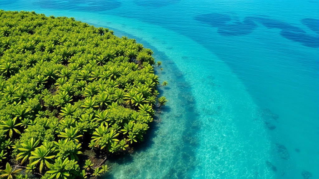 Coastal mangrove forest meeting turquoise ocean water with marine life visible, showing ecosystem boundary and protective function, lush green vegetation reflected in calm water, tropical marine ecosystem photography
