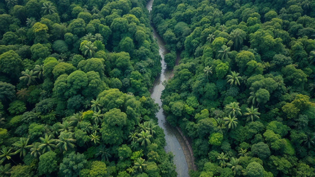Aerial view of thriving tropical rainforest canopy with river winding through dense vegetation and diverse wildlife habitats, photorealistic, no text