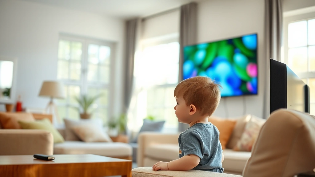 Young child watching television in a comfortable living room with natural light streaming through windows, showing engaged expression and learning posture, comfortable home environment
