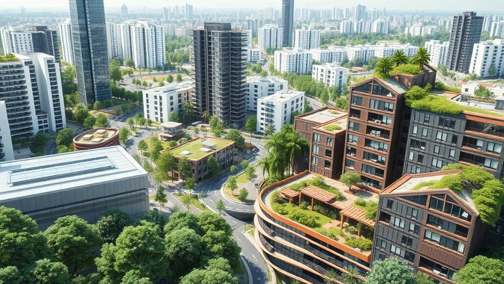 Urban sustainable development with integrated green spaces, renewable energy infrastructure, and natural water systems coexisting with modern buildings, photorealistic, no text
