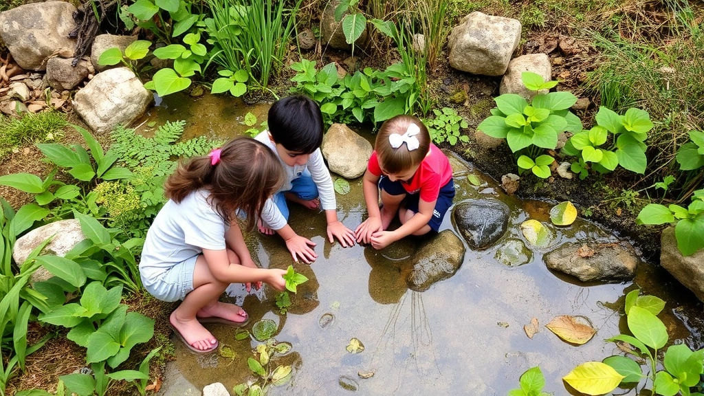 Children exploring a diverse natural environment with various plants, water features, and wildlife visible, demonstrating spatial learning and ecological discovery in an outdoor setting