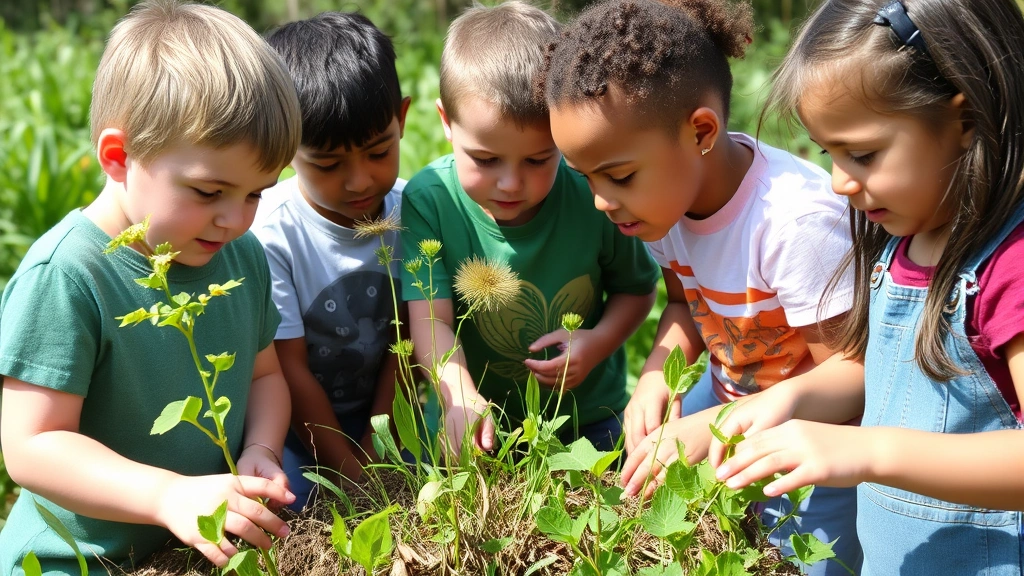 A diverse group of children engaged in outdoor environmental learning activities, observing plants and natural features with curiosity and wonder, suggesting practical environmental education in action
