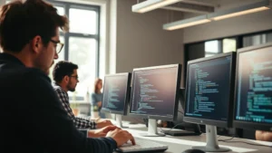 Photorealistic image of a modern software development team collaborating around computer monitors displaying code and build pipelines, natural office lighting, diverse team members focused on screens, representing technological productivity and efficient teamwork