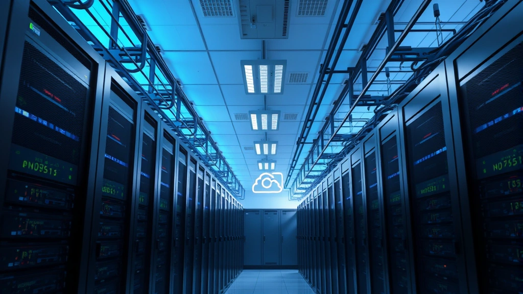 Photorealistic photograph of a data center with server racks and ambient lighting, showing efficient infrastructure utilization, cables organized systematically, representing cloud computing optimization and reduced environmental footprint from automated processes