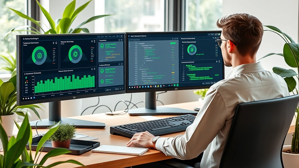 Photorealistic image of a developer at desk with multiple monitors showing continuous integration dashboards with green checkmarks and automated test results, natural office environment with plants, representing successful automation and development efficiency