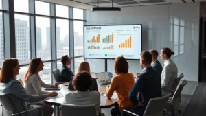 Photorealistic image of modern office conference room with diverse business professionals reviewing documents and legal compliance charts on a large screen, natural lighting from floor-to-ceiling windows overlooking urban landscape
