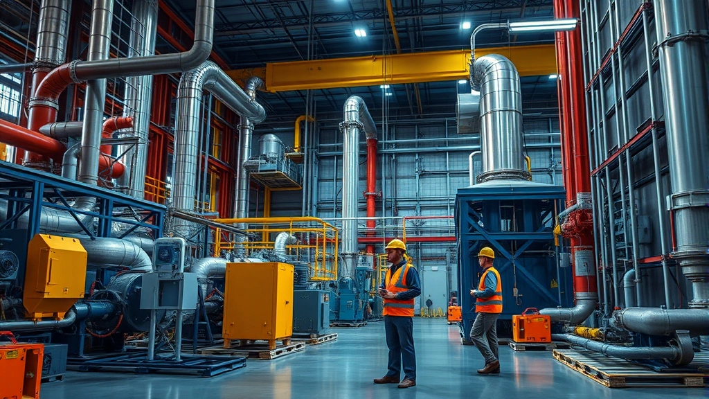 Photorealistic photograph of industrial manufacturing facility with advanced pollution control equipment and green technology installations, workers in safety gear monitoring environmental compliance systems