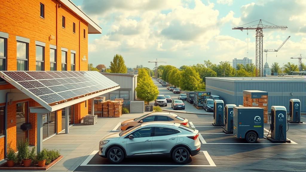 Photorealistic image of sustainable business operations showing renewable energy panels on commercial building roof, electric vehicles in charging station, and circular economy materials sorting facility in background
