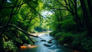 Lush green forest canopy with flowing river, sunlight filtering through leaves, diverse vegetation and wildlife habitat representing natural capital and ecosystem services value