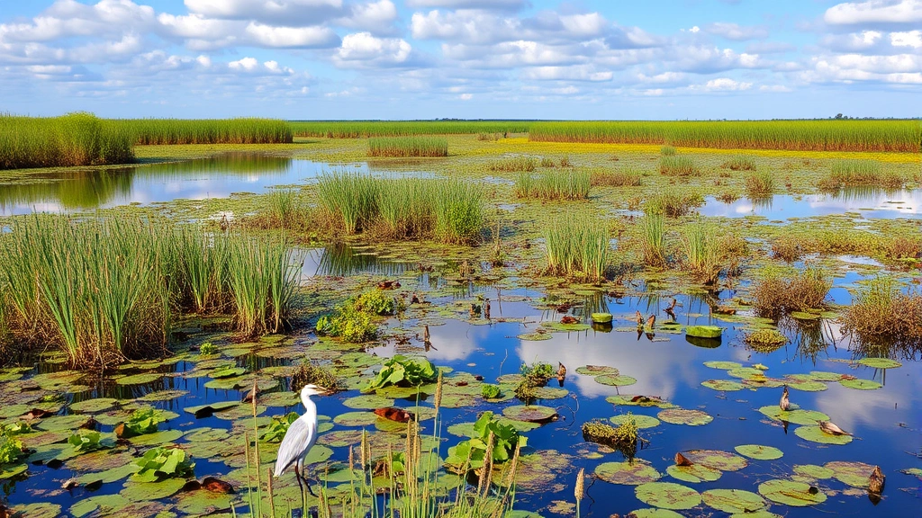 Restored wetland landscape with native plants, water reflecting sky, diverse bird species and aquatic life, demonstrating ecosystem restoration and biodiversity recovery