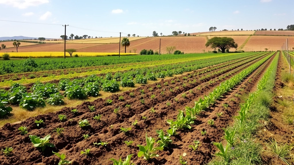 Sustainable agricultural landscape with regenerative farming practices, healthy soil, diverse crop rotation, and natural vegetation borders creating productive and biodiverse environment