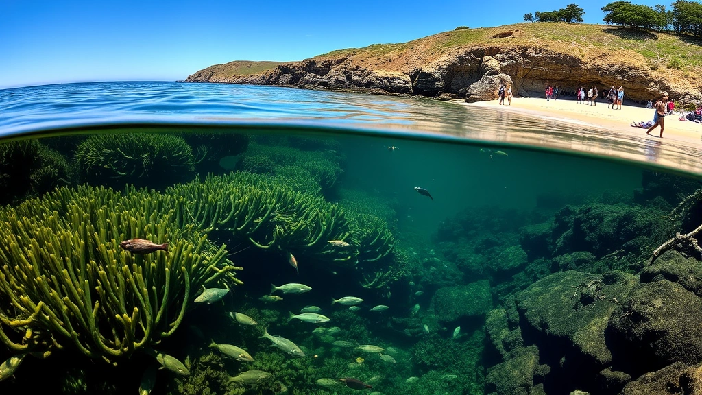 Diverse coastal California landscape showing kelp forest underwater ecosystem with sea otters, fish, and marine biodiversity, adjacent to rocky cliffs and sandy beaches with tourists enjoying recreation
