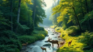 Lush green forest ecosystem with pristine river flowing through, morning sunlight filtering through canopy, diverse wildlife visible (birds, deer), photorealistic natural landscape demonstrating ecosystem health and biodiversity