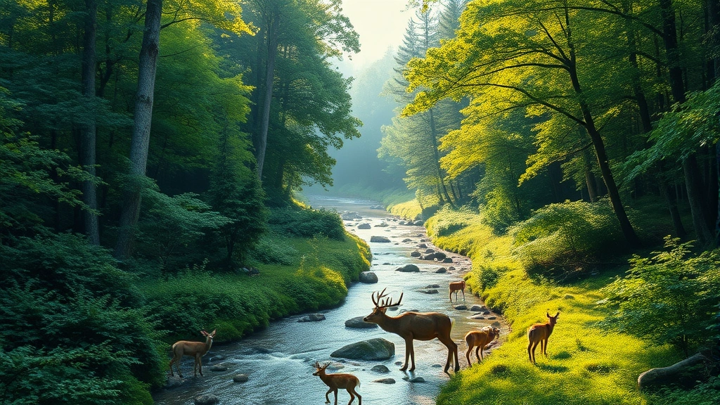 Lush green forest ecosystem with pristine river flowing through, morning sunlight filtering through canopy, diverse wildlife visible (birds, deer), photorealistic natural landscape demonstrating ecosystem health and biodiversity