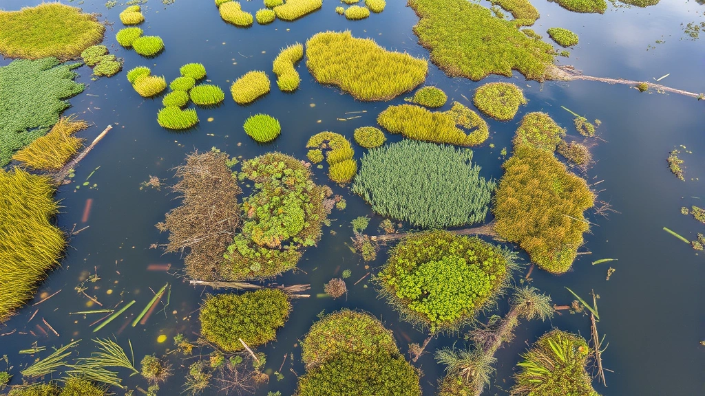 Aerial view of wetland with water, vegetation, and wildlife habitat, showing ecological complexity and water purification processes, natural colors and textures, no text or overlays, demonstrating regulating services