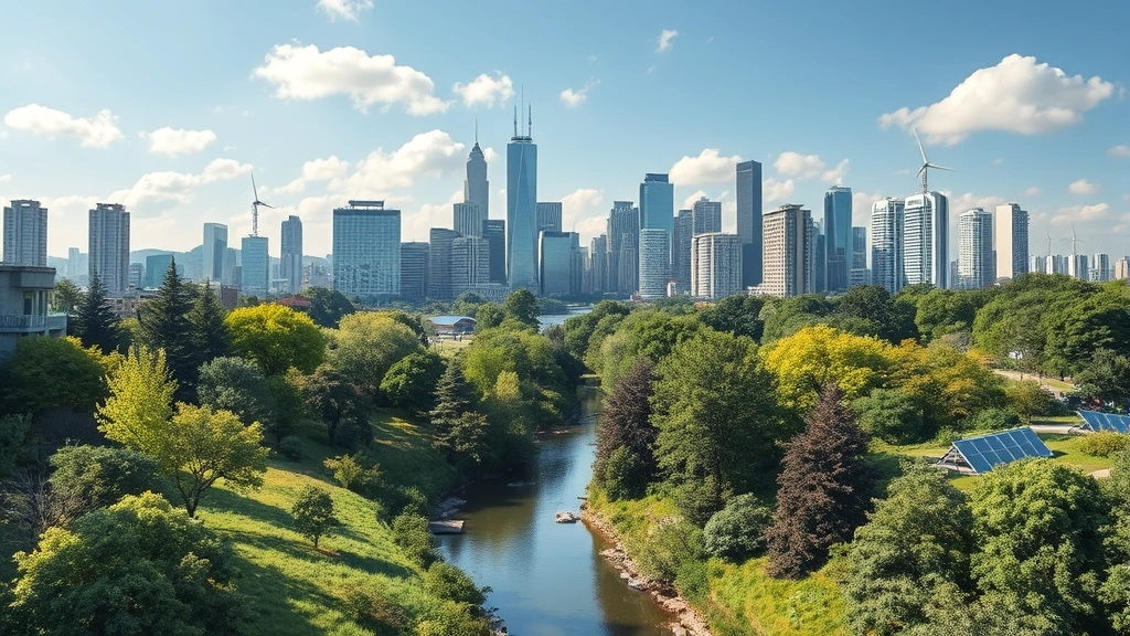 Urban-nature interface showing city skyline with trees and green spaces integrated into landscape, clean waterway, renewable energy visible, balanced human-environment coexistence, photorealistic modern ecological harmony