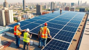 Solar panel installation team working on commercial rooftop with cityscape background, diverse workers in safety equipment, afternoon sunlight, photorealistic, no text or logos visible