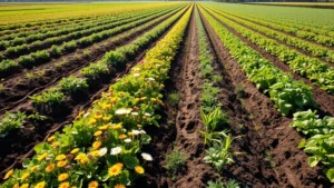 Regenerative agriculture field with diverse crop rotation, native wildflowers interspersed between vegetable rows, farmers examining rich dark soil, morning light across productive sustainable farmland