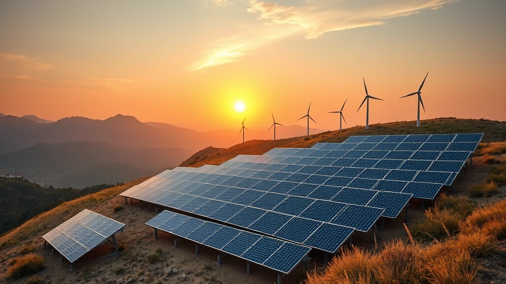 Solar panels installed on rolling hillside during golden sunset, with wind turbines visible in distance, photorealistic landscape showing clean energy infrastructure integrated with natural terrain