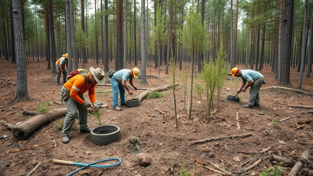 Forest restoration crew planting native trees in cleared habitat, workers with saplings and tools, natural woodland setting, ecological restoration in progress, photorealistic detail