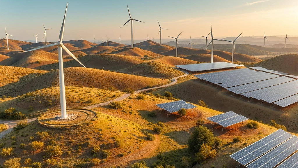 Modern wind turbines and solar panel arrays spanning rolling hills with preserved natural vegetation and wildlife corridors beneath infrastructure, clean energy landscape integration
