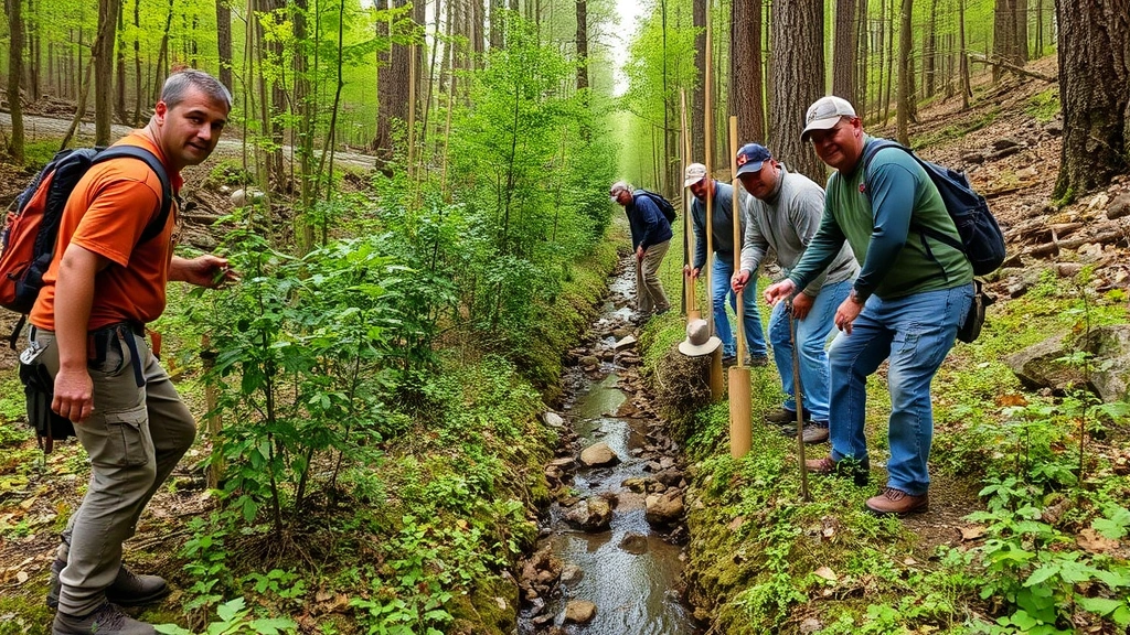 Forest restoration team planting native trees along stream corridor, diverse professionals working together in woodland environment, earth-toned clothing, tools visible, authentic ecological restoration in progress