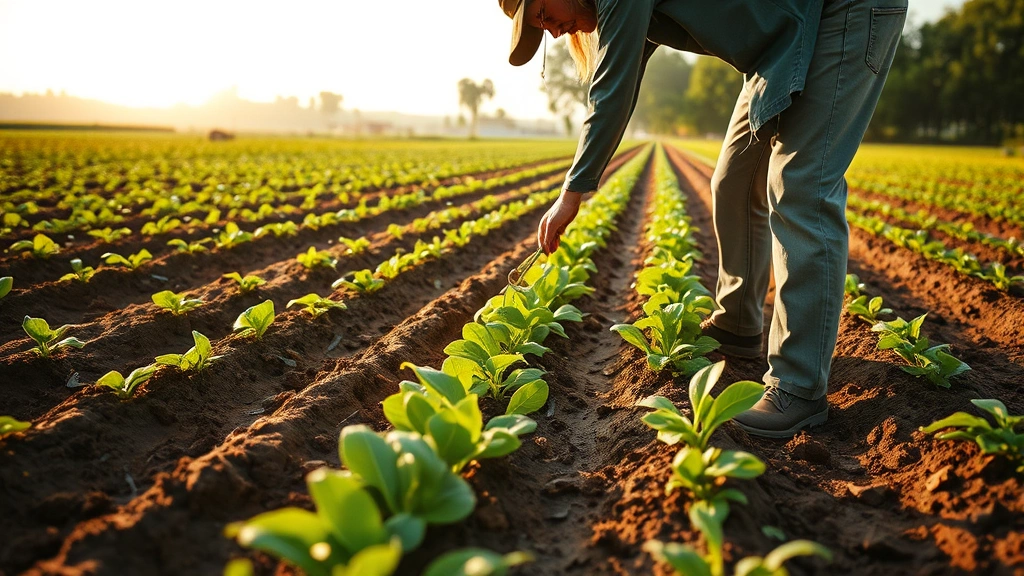 Sustainable agriculture field with farmer examining regenerative soil, cover crops growing, natural farming landscape with biodiversity, morning light, authentic field conditions