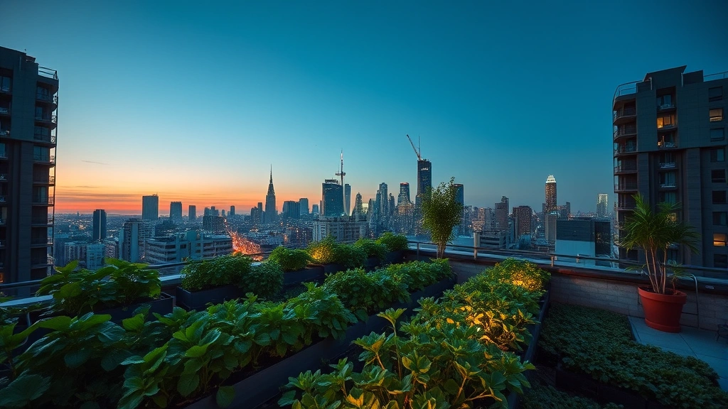 Urban rooftop garden with green vegetation overlooking city skyline at dusk, sustainable agriculture in metropolitan setting, biodiversity and food production integrated into built environment, natural lighting