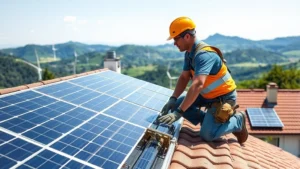Solar panel installation technician working on residential rooftop with green hills and wind turbines visible in distant landscape, bright natural sunlight, professional work attire, realistic photography