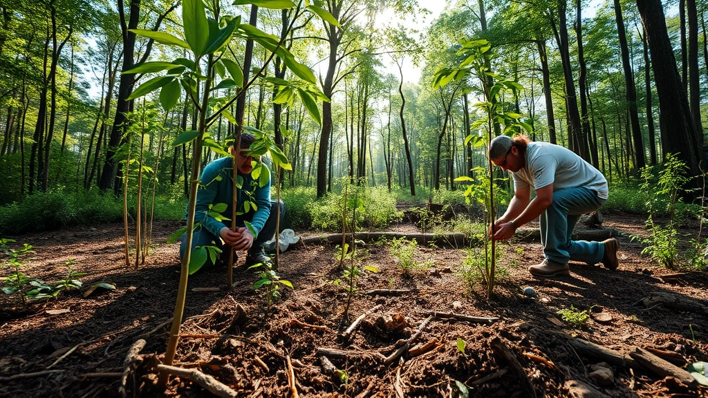 Forest restoration crew planting native trees in degraded landscape with diverse species, rich soil visible, natural forest canopy in background, morning light filtering through leaves, authentic fieldwork scene