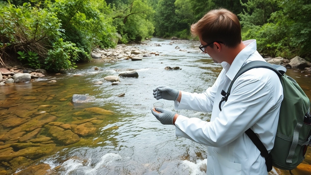 Environmental scientist conducting water quality testing at river, examining samples with monitoring equipment, lush riparian vegetation surrounding, clear flowing water, professional field research setting