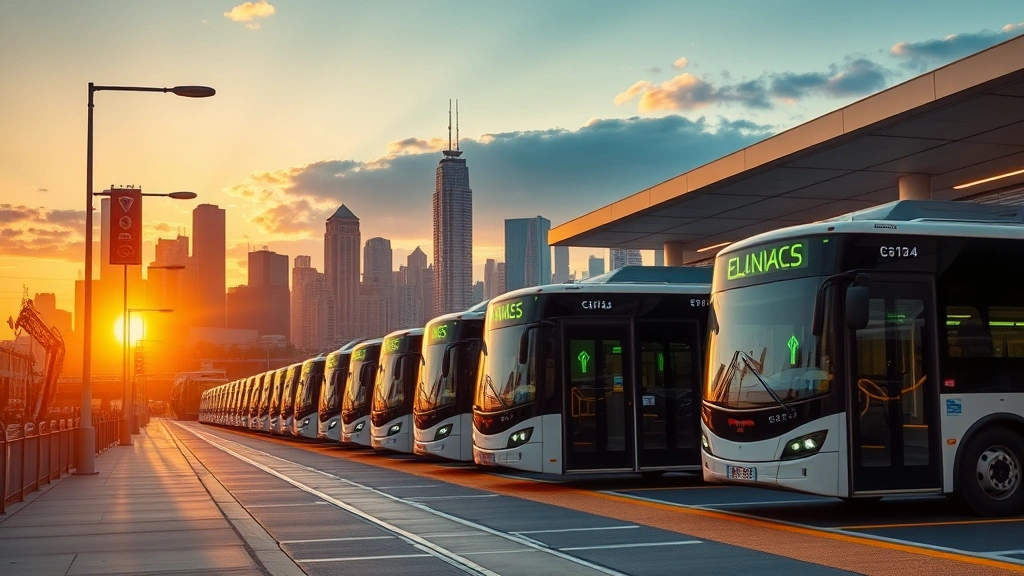 Electric buses lined up at modern transit station during sunset with city skyline, showing renewable energy transition and urban mobility infrastructure