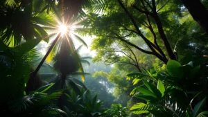 Lush tropical rainforest canopy with diverse plant species and sunlight filtering through leaves, representing provisioning and regulating ecosystem services, photorealistic forest landscape