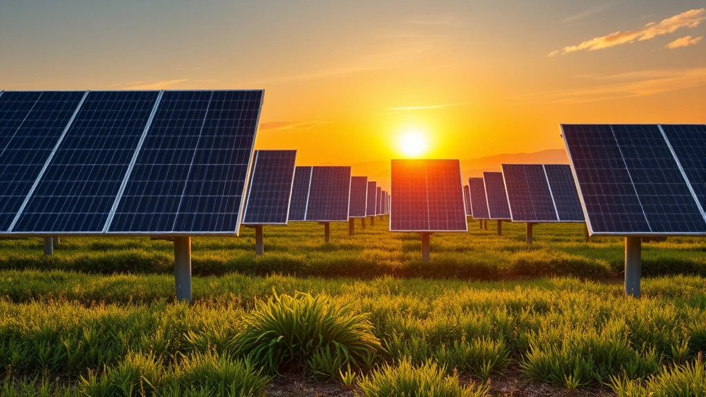 Solar panel array in vast field at golden hour with green vegetation growing beneath panels, photorealistic landscape showing clean energy infrastructure integration with natural environment