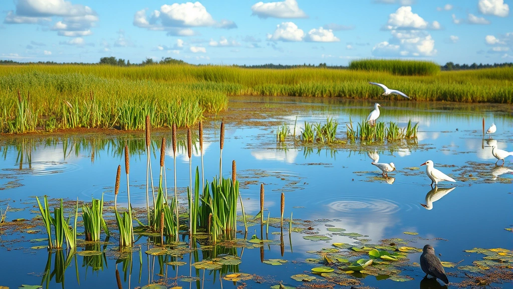 Wetland ecosystem with water, cattails, birds, and reflected sky showing natural water purification and biodiversity habitat, photorealistic nature scene demonstrating ecosystem service provision