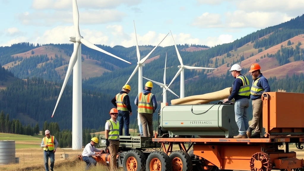 Workers installing wind turbines in rural landscape, diverse team using modern equipment, mountainous background with forests, representing renewable energy job creation and economic opportunity