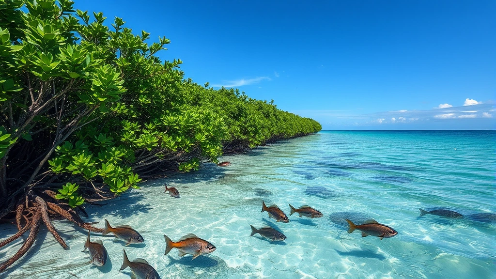 Coastal mangrove forest meeting ocean waters with fish and marine life visible, representing carbon sequestration and fisheries support services, photorealistic marine ecosystem photograph