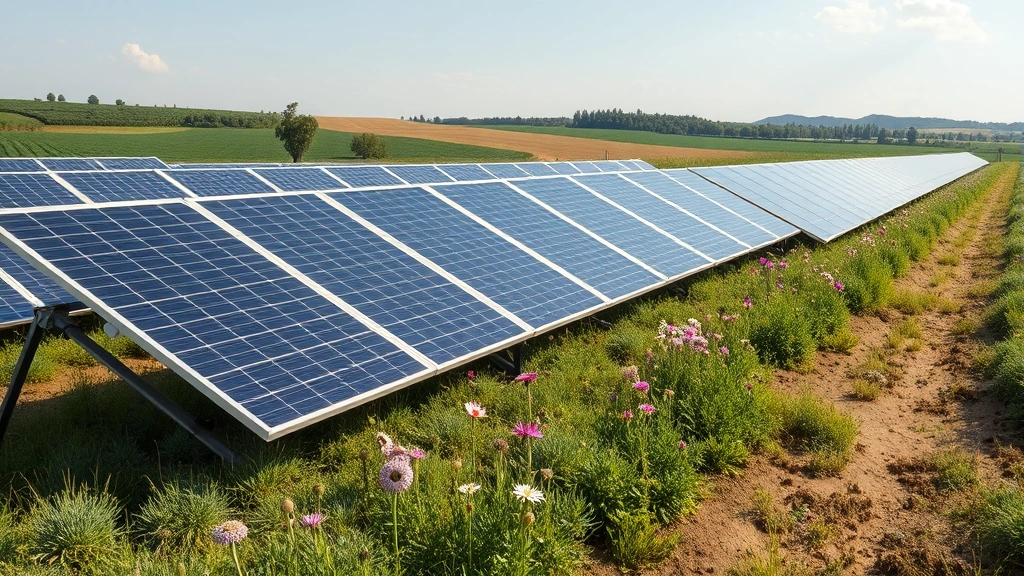 Renewable energy solar panels installed on agricultural landscape with natural vegetation and wildflowers growing between panels, demonstrating integrated circular economy approach to land use, energy generation, and biodiversity conservation in photorealistic detail