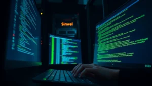 A system administrator's hands typing on a keyboard in a dimly lit server room with glowing monitor displays showing Linux terminal output and green code text, representing efficient computing infrastructure and system administration work