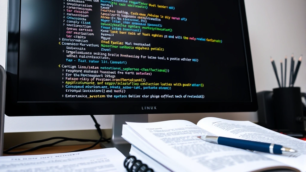 Close-up of a computer monitor displaying a Linux terminal with colorful environment variable output and command prompts, surrounded by technical documentation and notebooks, showing system configuration and optimization work