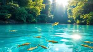 Photorealistic image of crystal clear river flowing through forest ecosystem with sunlight reflecting off water surface, showing natural chemical balance and aquatic life habitats without visible text or labels