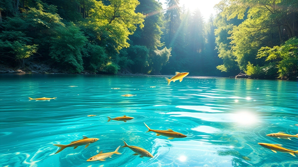 Photorealistic image of crystal clear river flowing through forest ecosystem with sunlight reflecting off water surface, showing natural chemical balance and aquatic life habitats without visible text or labels