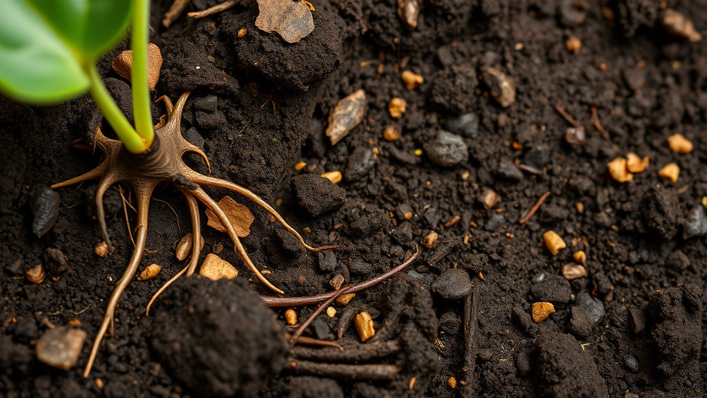 Photorealistic close-up of rich dark soil with organic matter, plant roots, and microbial activity visible, demonstrating soil chemistry and nutrient cycling processes in terrestrial ecosystems naturally