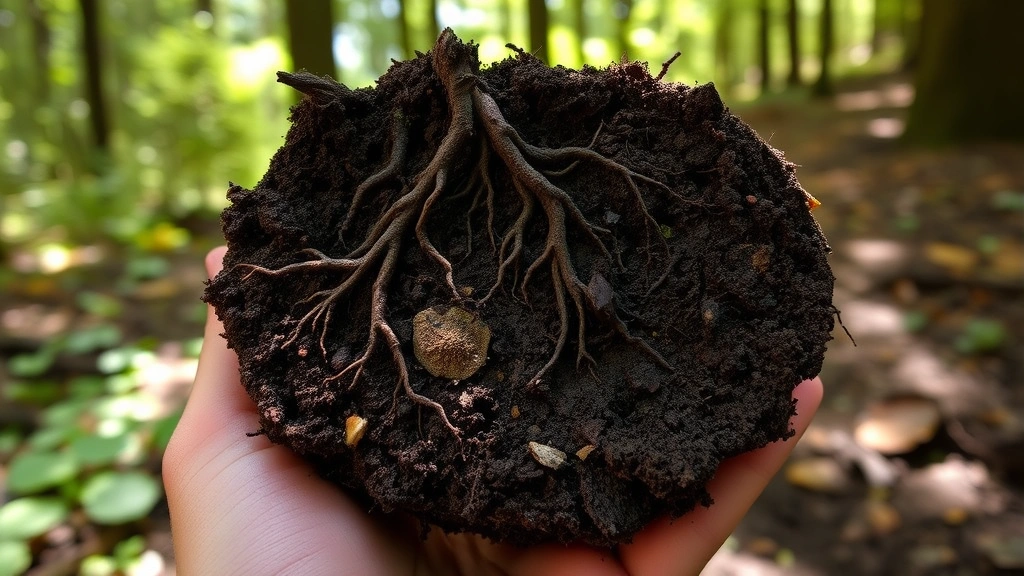 Close-up of soil profile showing rich dark earth with visible root systems, fungal networks, and decomposing organic matter, hands holding soil sample, natural sunlight through forest canopy creating dappled shadows