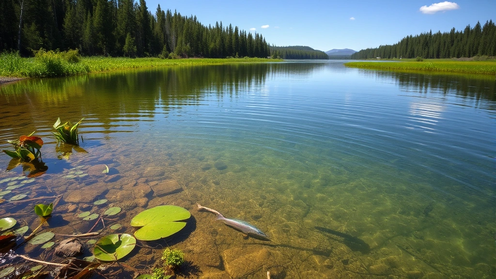 Pristine freshwater lake or river ecosystem with aquatic plants along shoreline, fish visible beneath surface, clear water reflecting sky, surrounding wetland vegetation and forest, wildlife habitat in undisturbed natural state